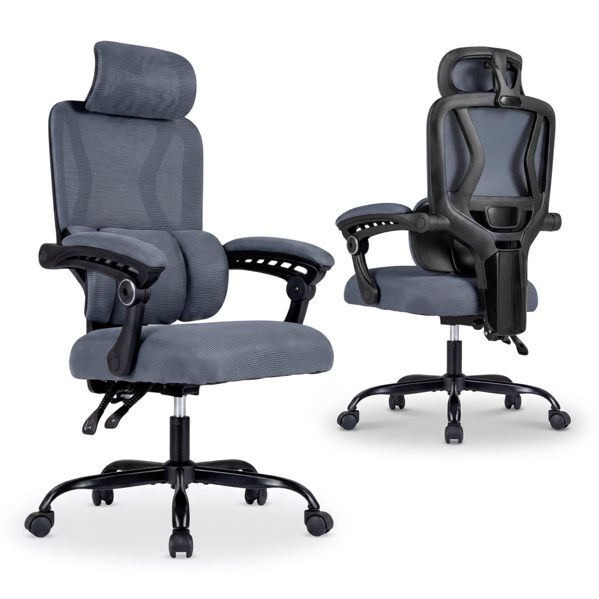 Ergonomic Office Computer Mesh Chair with High Back Adaptive Lumbar Support and 2D Adjustable Headrest-Gray