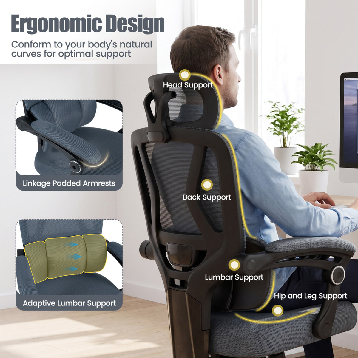 Ergonomic Office Computer Mesh Chair with High Back Adaptive Lumbar Support and 2D Adjustable Headrest-Gray