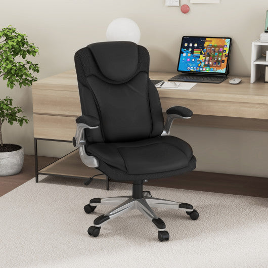 Ergonomic Office PU Leather Executive Chair with Flip-up Armrests and Rocking Function-Black