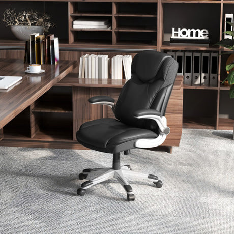 Ergonomic Office PU Leather Executive Chair with Flip-up Armrests and Rocking Function-Black