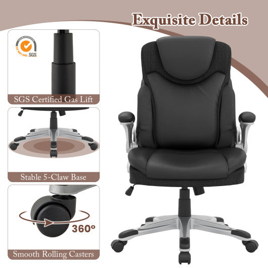 Ergonomic Office PU Leather Executive Chair with Flip-up Armrests and Rocking Function-Black