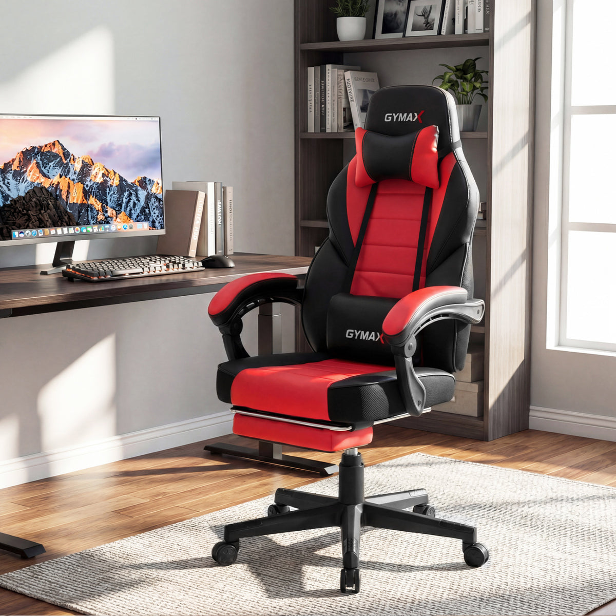 Ergonomic Video Game Chair with Headrest and Reclining Backrest-Red