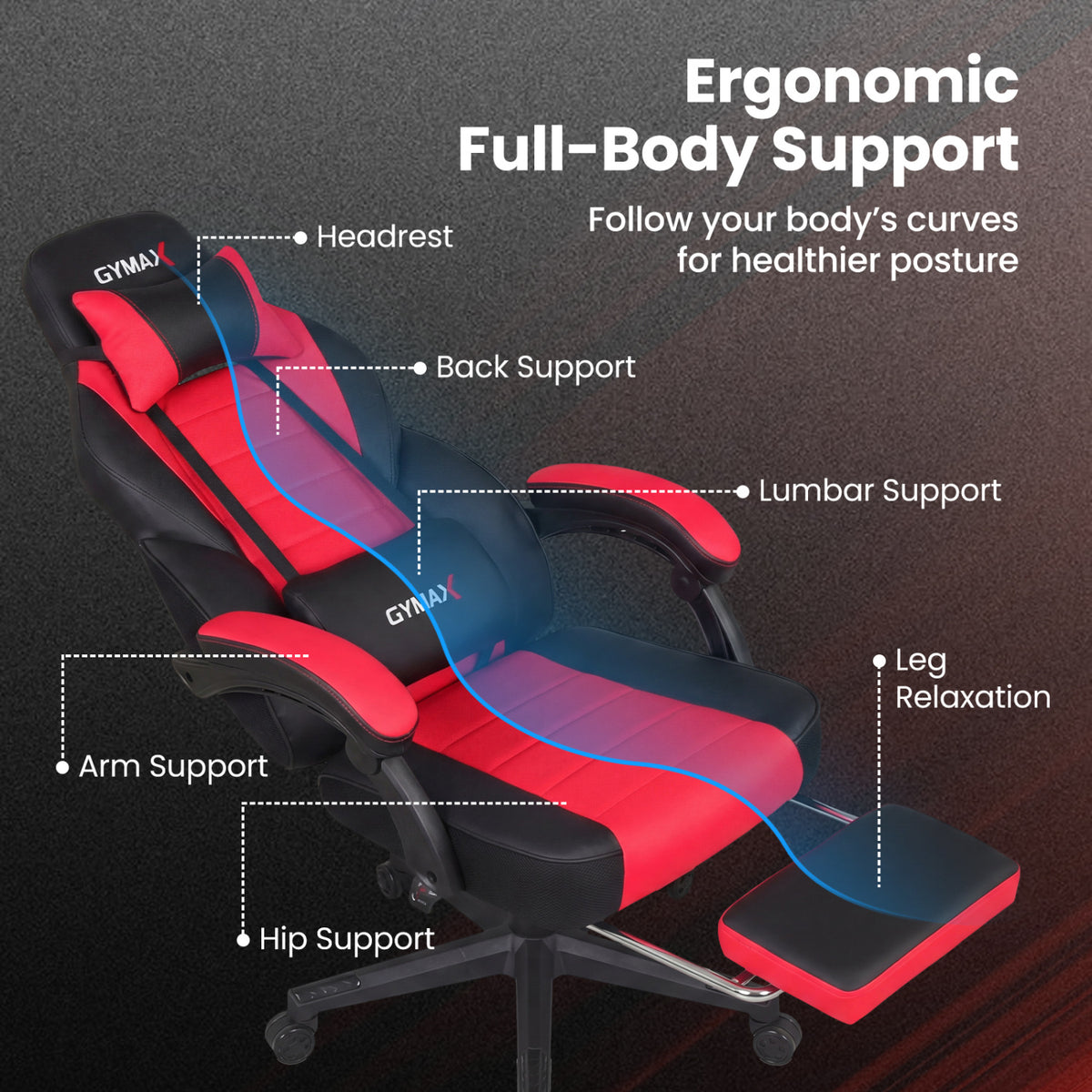 Ergonomic Video Game Chair with Headrest and Reclining Backrest-Red
