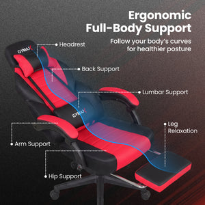 Ergonomic Video Game Chair with Headrest and Reclining Backrest-Red