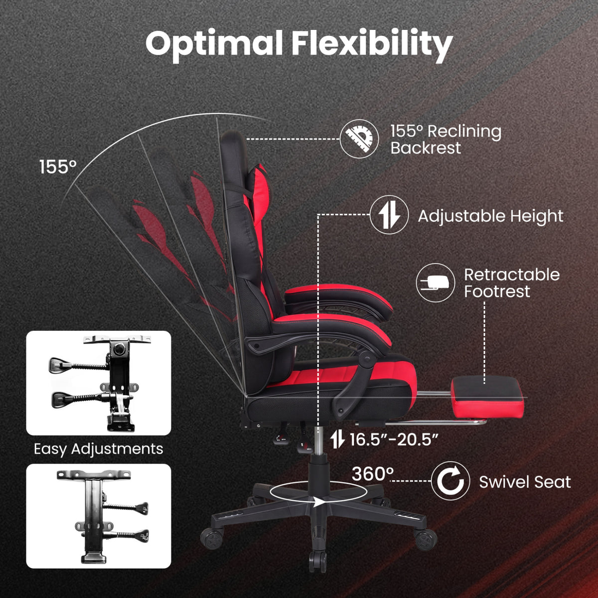 Ergonomic Video Game Chair with Headrest and Reclining Backrest-Red