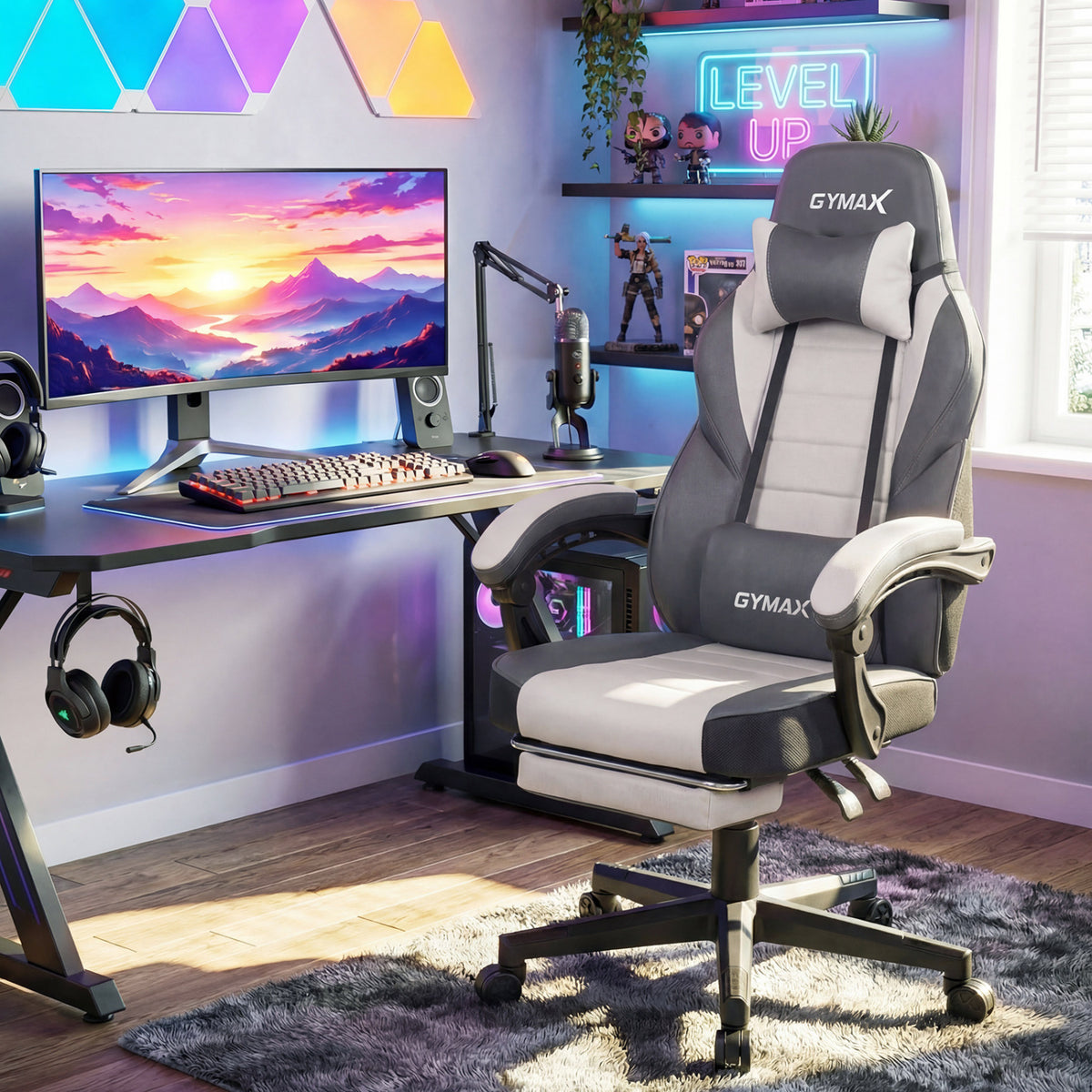 Ergonomic Video Game Chair with Headrest and Reclining Backrest-Grey