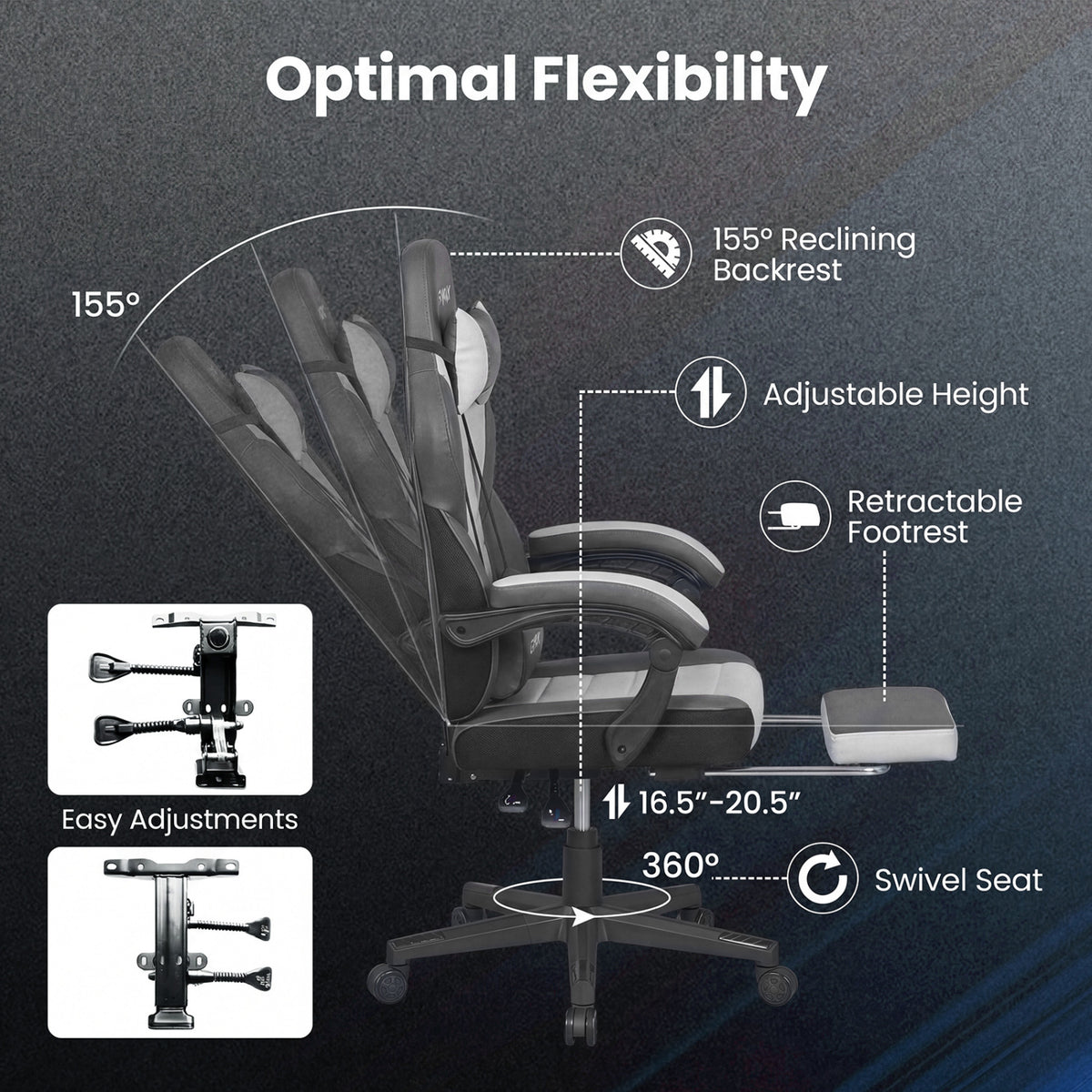Ergonomic Video Game Chair with Headrest and Reclining Backrest-Grey