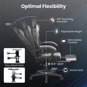 Ergonomic Video Game Chair with Headrest and Reclining Backrest-Grey