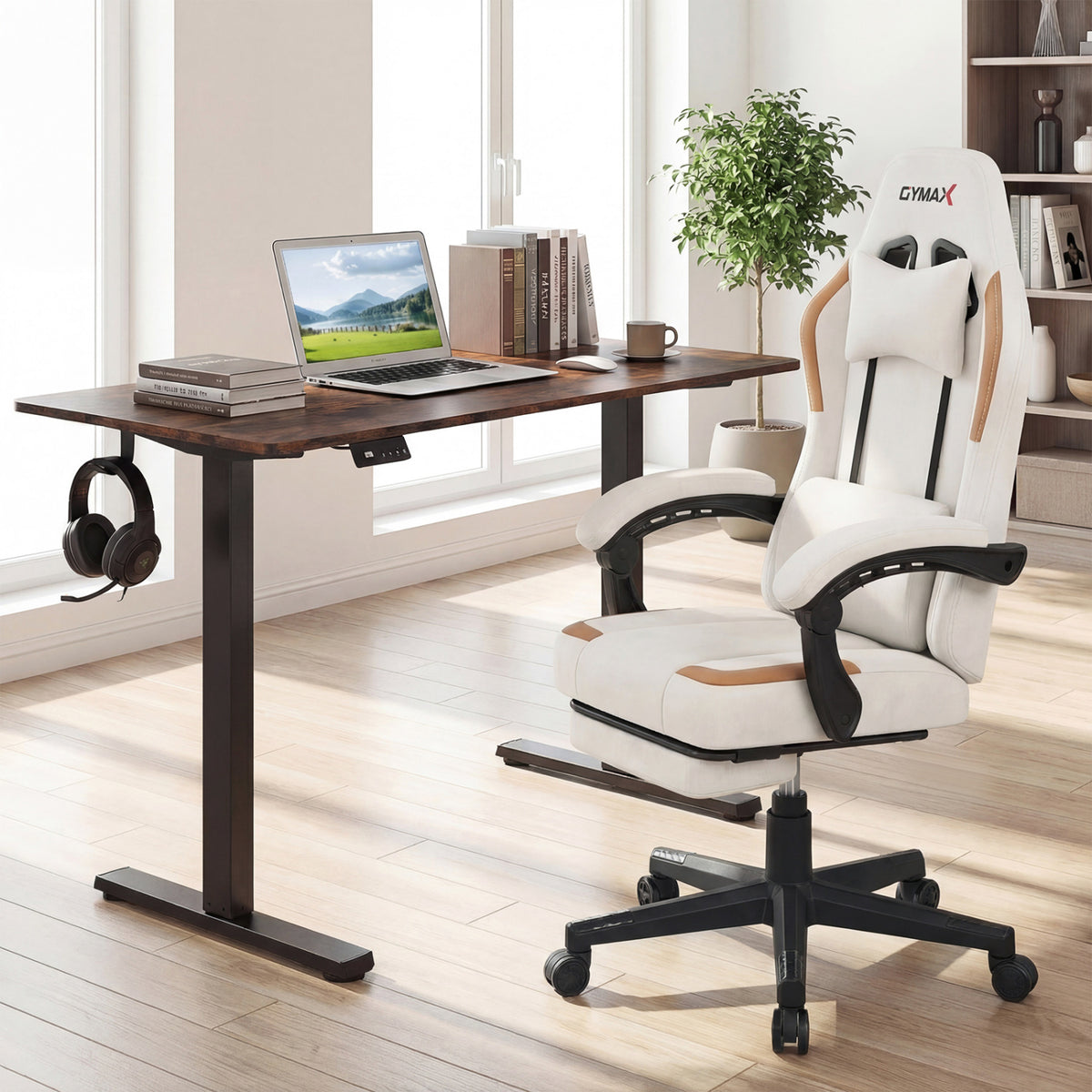 Ergonomic Video Game Chair with Headrest for Home Office-Beige