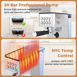 Espresso Machine 20 Bar Compact Stainless Steel Coffee Maker with Milk Frother-Silver
