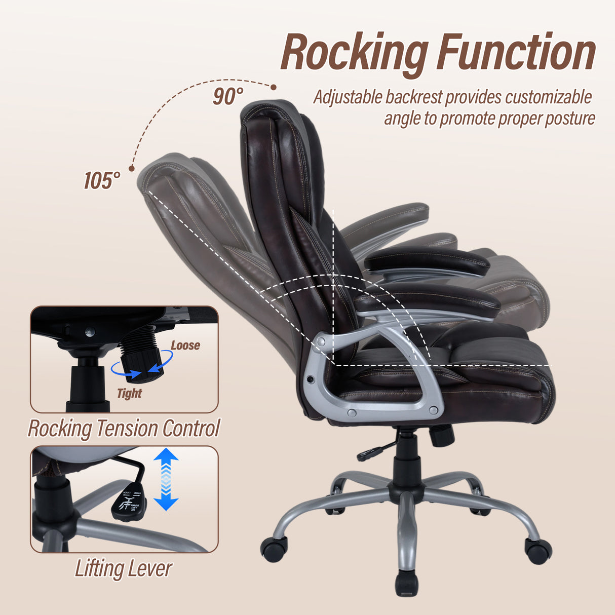 Executive Office Chair Leather Ergonomic Computer Desk Chair with Padded Seat and Armrests-Brown