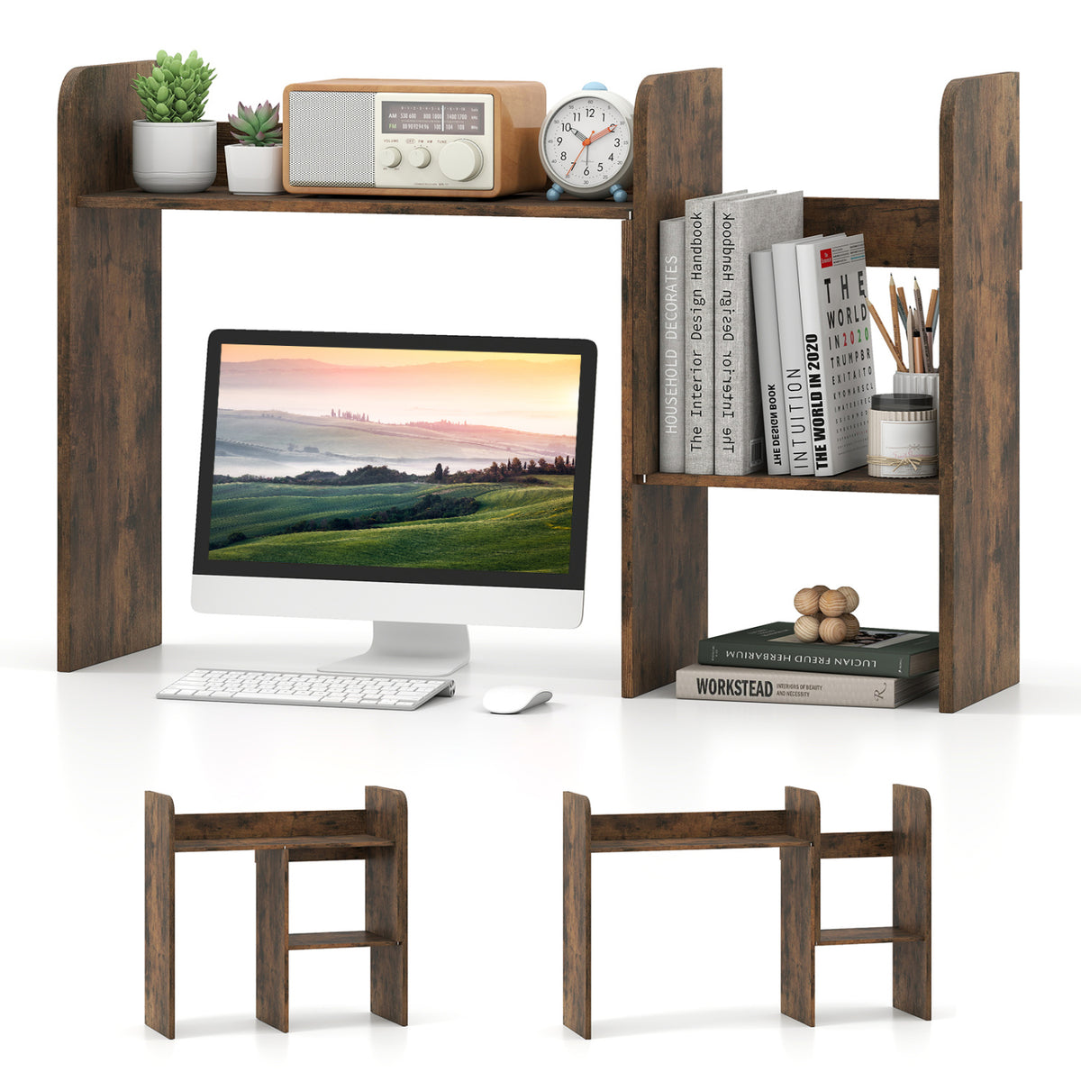 Expandable Desk Bookshelf with Open Cubes and Desktop Display Rack-Rustic Brown