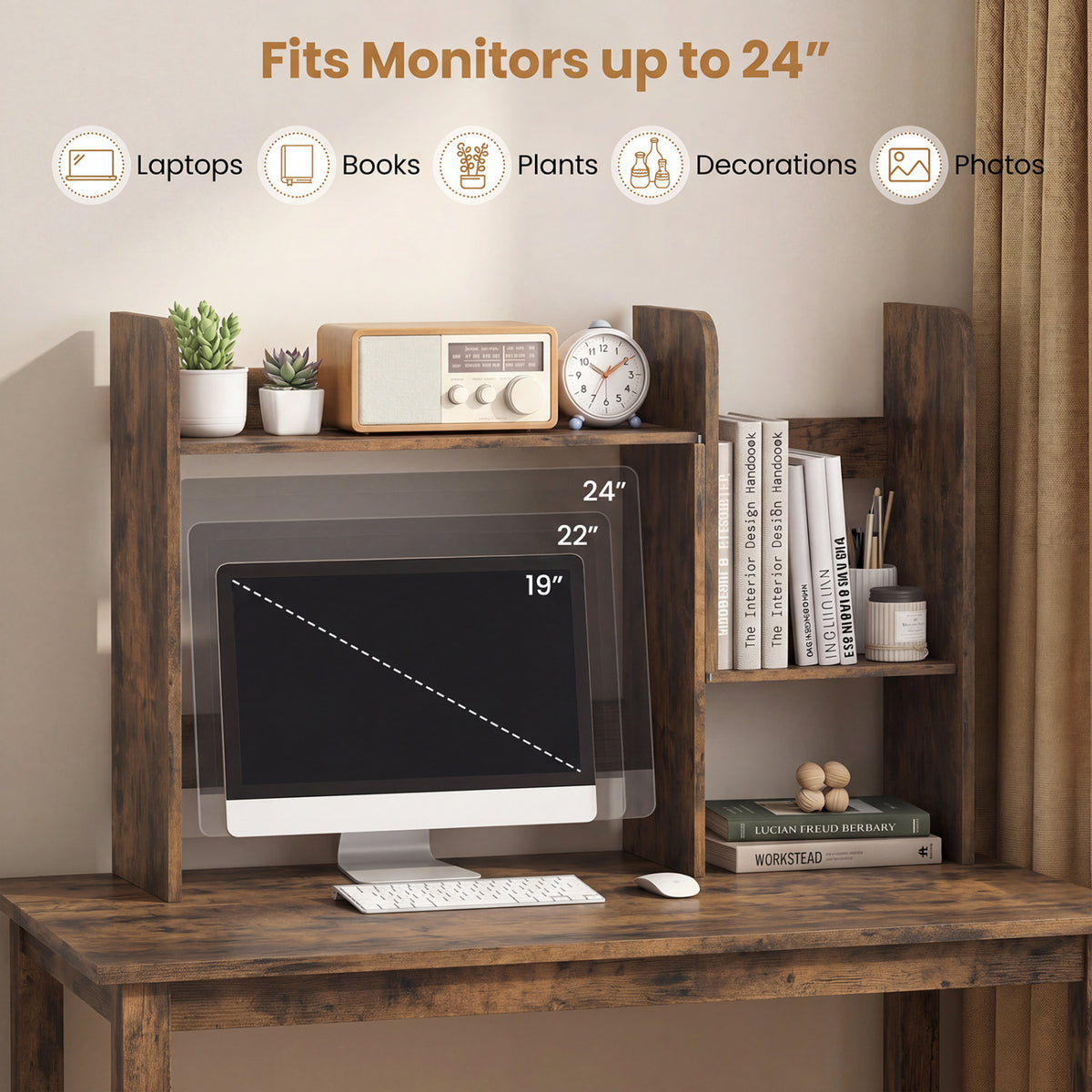 Expandable Desk Bookshelf with Open Cubes and Desktop Display Rack-Rustic Brown