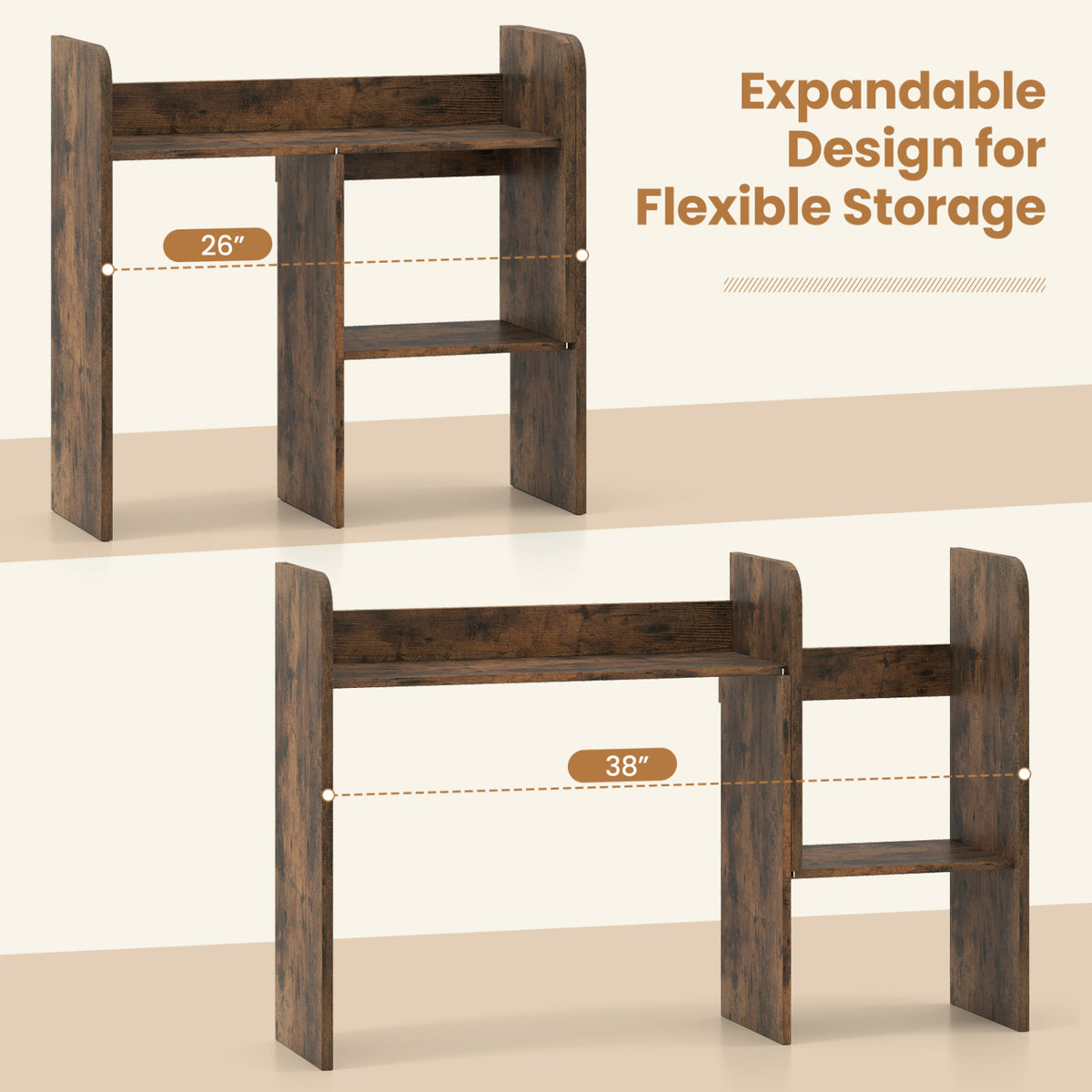 Expandable Desk Bookshelf with Open Cubes and Desktop Display Rack-Rustic Brown
