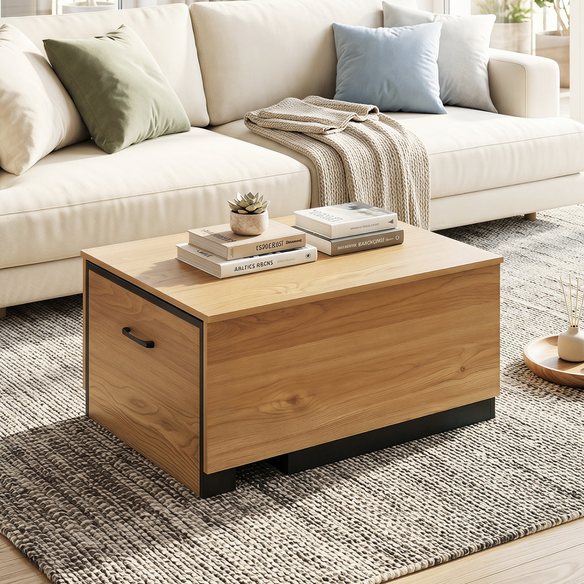 Extendable Coffee table with Concealed Storage Compartment-Natural