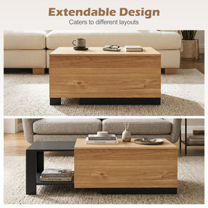 Extendable Coffee table with Concealed Storage Compartment-Natural
