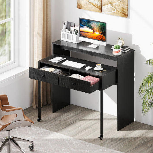 Extendable Computer Desk with 2 Storage Drawers Convertible Home Office Rolling Study Writing Desk-Black