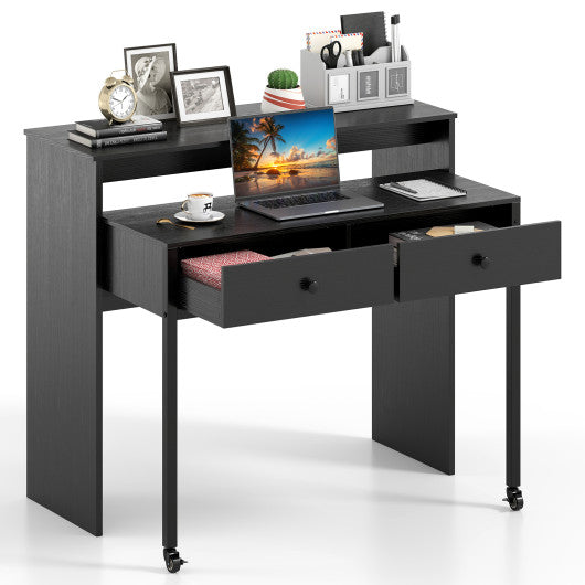 Extendable Computer Desk with 2 Storage Drawers Convertible Home Office Rolling Study Writing Desk-Black