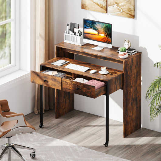 Extendable Computer Desk with 2 Storage Drawers Convertible Home Office Rolling Study Writing Desk-Rustic Brown