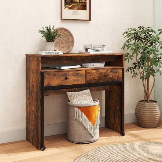 Extendable Computer Desk with 2 Storage Drawers Convertible Home Office Rolling Study Writing Desk-Rustic Brown