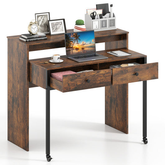Extendable Computer Desk with 2 Storage Drawers Convertible Home Office Rolling Study Writing Desk-Rustic Brown