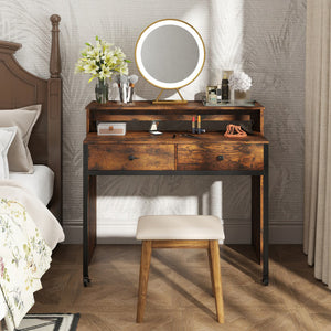 Extendable Computer Desk with 2 Storage Drawers Convertible Home Office Rolling Study Writing Desk-Rustic Brown