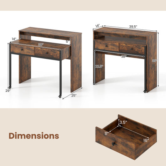 Extendable Computer Desk with 2 Storage Drawers Convertible Home Office Rolling Study Writing Desk-Rustic Brown