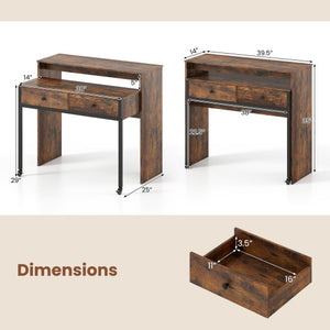 Extendable Computer Desk with 2 Storage Drawers Convertible Home Office Rolling Study Writing Desk-Rustic Brown