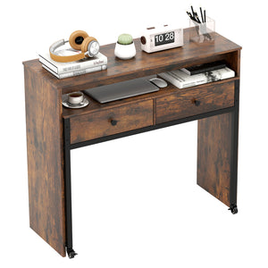 Extendable Computer Desk with 2 Storage Drawers Convertible Home Office Rolling Study Writing Desk-Rustic Brown