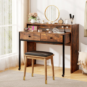 Extendable Computer Desk with 2 Storage Drawers Convertible Home Office Rolling Study Writing Desk-Rustic Brown