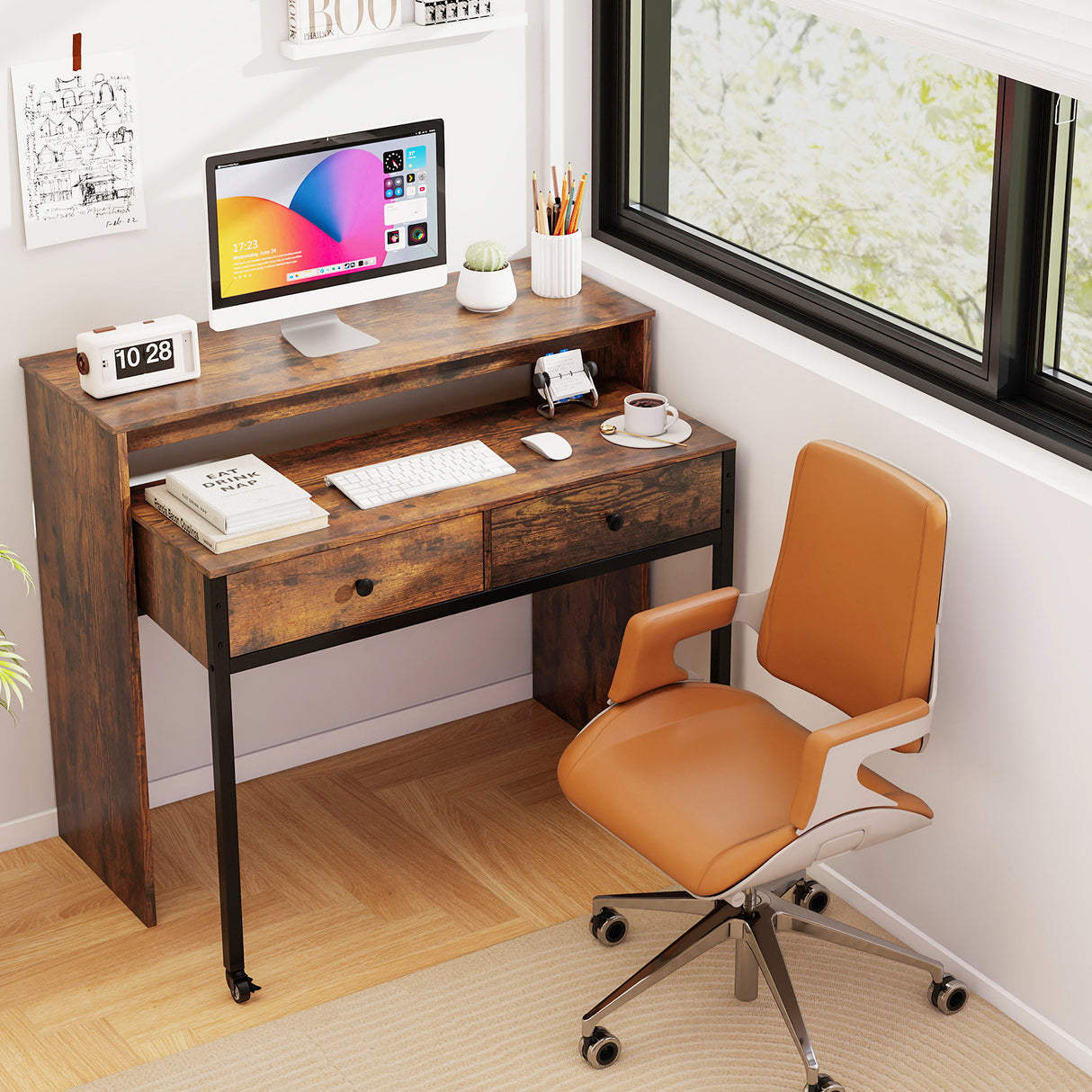 Extendable Computer Desk with 2 Storage Drawers Convertible Home Office Rolling Study Writing Desk-Rustic Brown