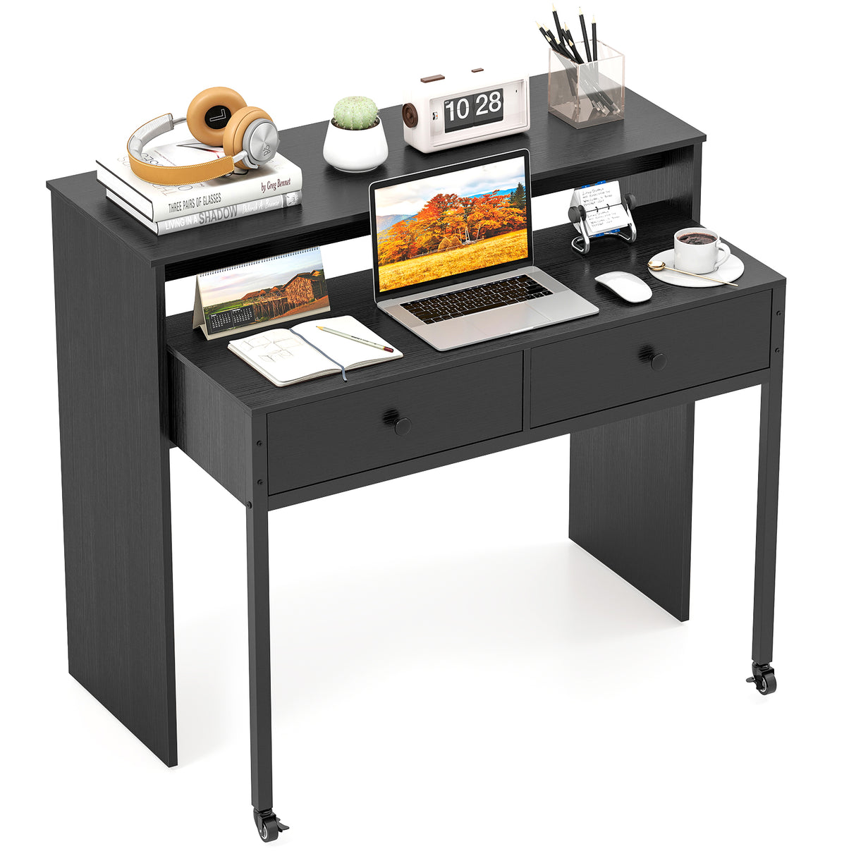 Extendable Computer Desk with 2 Storage Drawers Convertible Home Office Rolling Study Writing Desk-Black