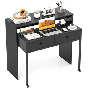Extendable Computer Desk with 2 Storage Drawers Convertible Home Office Rolling Study Writing Desk-Black