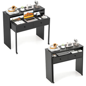 Extendable Computer Desk with 2 Storage Drawers Convertible Home Office Rolling Study Writing Desk-Black