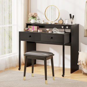 Extendable Computer Desk with 2 Storage Drawers Convertible Home Office Rolling Study Writing Desk-Black