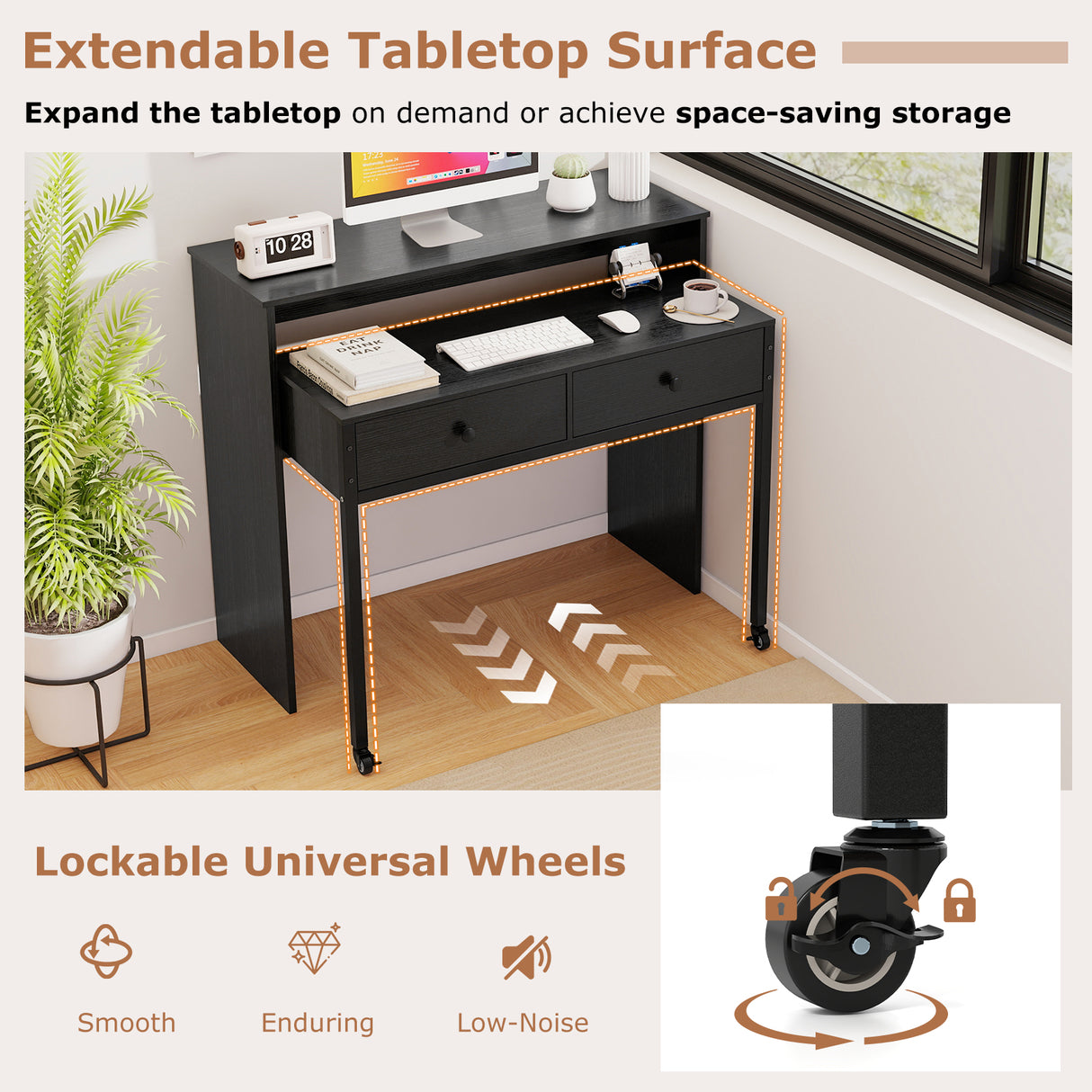 Extendable Computer Desk with 2 Storage Drawers Convertible Home Office Rolling Study Writing Desk-Black
