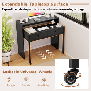 Extendable Computer Desk with 2 Storage Drawers Convertible Home Office Rolling Study Writing Desk-Black