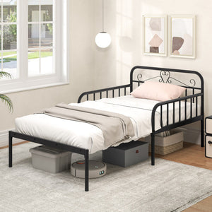 Extendable Metal Daybed to Twin Size Bed with Guardrails and Armrests-Black