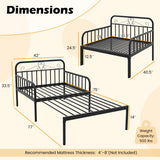 Extendable Metal Daybed to Twin Size Bed with Guardrails and Armrests-Black