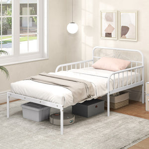 Extendable Metal Daybed to Twin Size Bed with Guardrails and Armrests-White