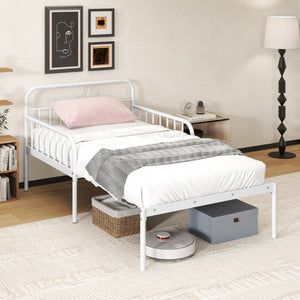 Extendable Metal Daybed to Twin Size Bed with Guardrails and Armrests-White