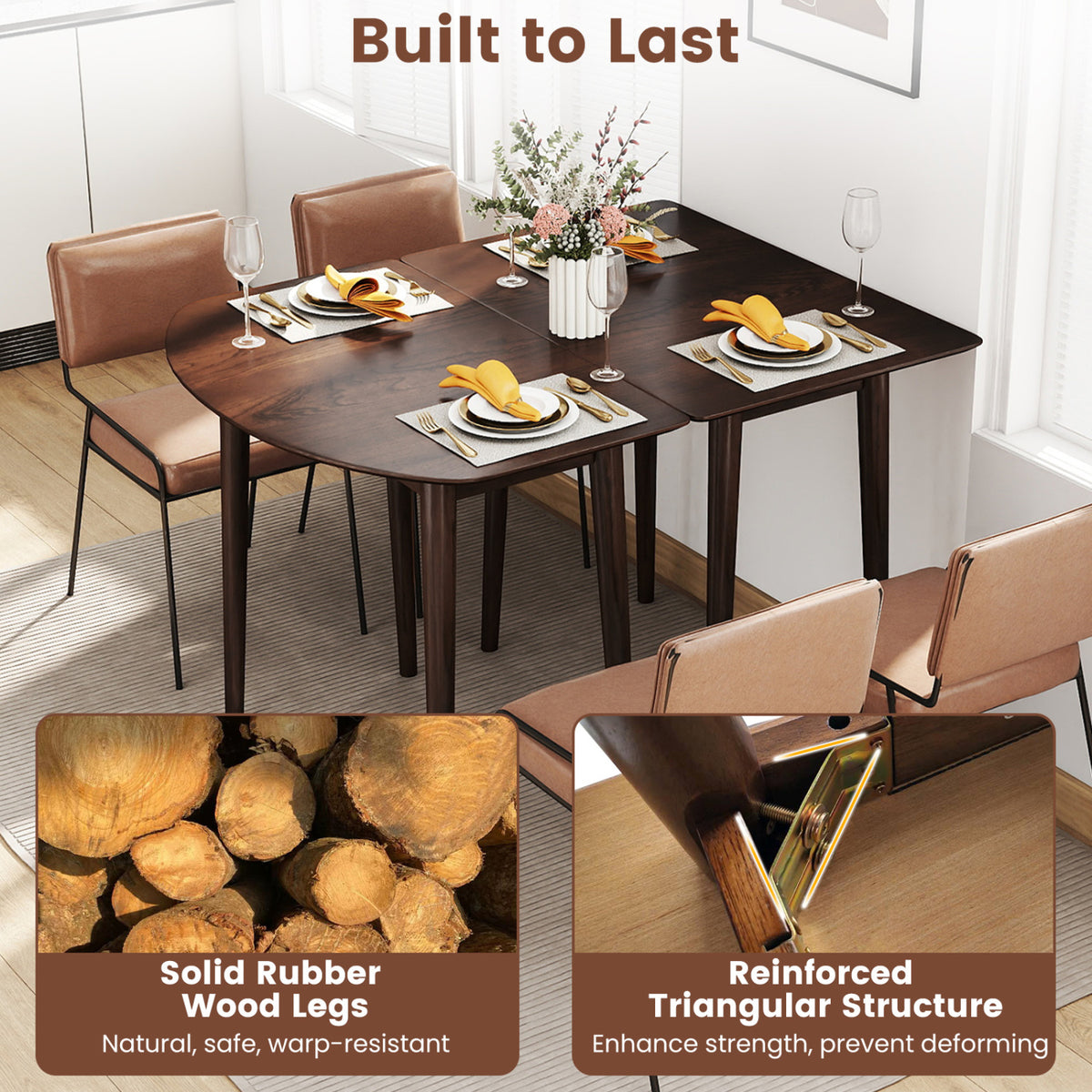 Extendable Dining Table Set with 2 Half-Round and 1 Rectangular Tables-Walnut