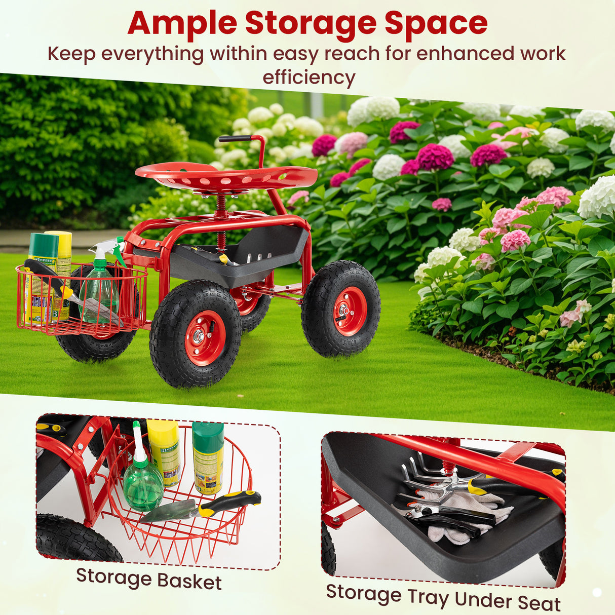 Extendable Handle Garden Cart Rolling Wagon Scooter-Red