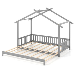 Extendable House Bed Twin to King Daybed with Roof and Fence Rails-Gray