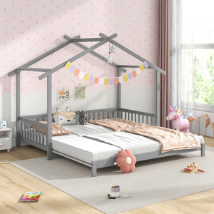 Extendable House Bed Twin to King Daybed with Roof and Fence Rails-Gray