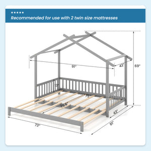 Extendable House Bed Twin to King Daybed with Roof and Fence Rails-Gray