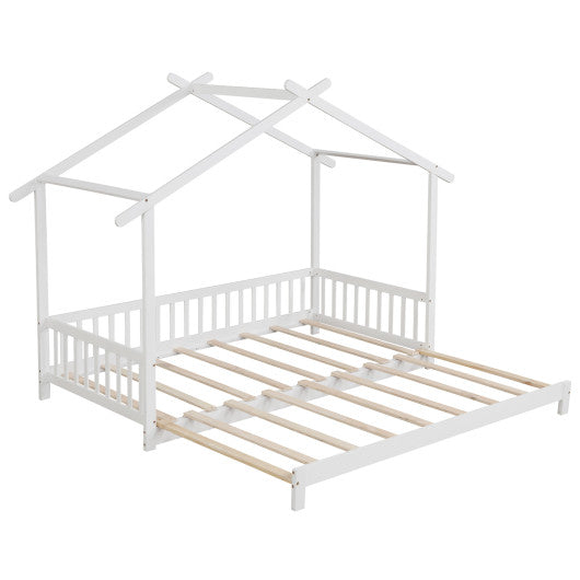 Extendable House Bed Twin to King Daybed with Roof and Fence Rails-White