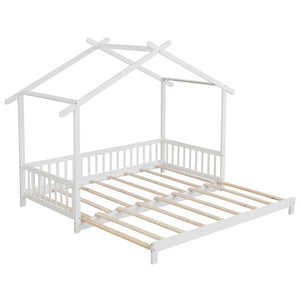 Extendable House Bed Twin to King Daybed with Roof and Fence Rails-White