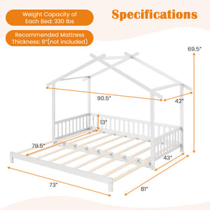 Extendable House Bed Twin to King Daybed with Roof and Fence Rails-White