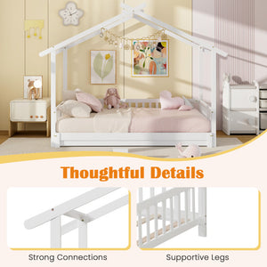 Extendable House Bed Twin to King Daybed with Roof and Fence Rails-White